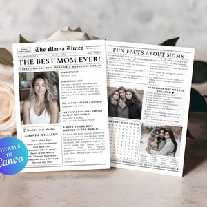 Plantilla de periódico para el día de la madre, tarjeta para el día de la madre, periódico editable para el día de la madre, regalo para el día de la madre, regalo para el día de la madre de una hija, Canva