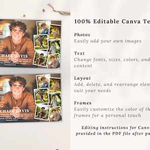 May include: A graduation announcement template with a photo collage and the name "MICHAEL DAVIS". The template includes editable text and photo options, with instructions for use in Canva. The design features a warm color palette and a celebratory theme.