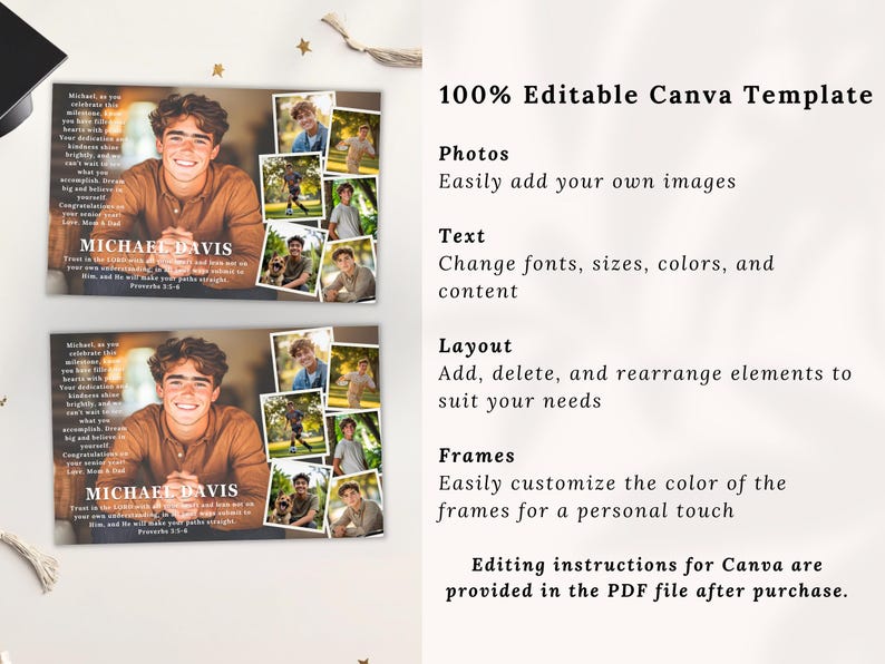 May include: A graduation announcement template with a photo collage and the name "MICHAEL DAVIS". The template includes editable text and photo options, with instructions for use in Canva. The design features a warm color palette and a celebratory theme.