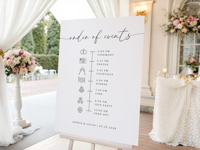 wedding order of events sign
modern wedding day timeline
minimalist wedding timeline
wedding itinerary sign
order of the day sign
wedding reception timeline
editable wedding timeline	
custom wedding timeline sign	
printable wedding sign
wedding day schedule
modern wedding sign	
large wedding sign
bohemian wedding timeline
wedding program sign
ceremony timeline poster
wedding timeline sign
wedding reception