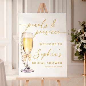Perlen und Prosecco Brautparty Willkommensschild Vorlage, Brautparty Willkommensschild, Minimalistische weiße Perle Brautparty Willkommensschild Leinwand