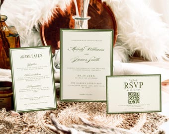 Luxe oud geld bruiloft uitnodiging suite sjabloon, olijfgroen crème elegante uitnodigingsset, bruiloft details, RSVP, A7 trouwenvelop