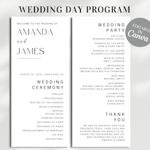 以下が含まれることがあります： アマンダとジェームズの結婚式プログラム。白黒で、結婚式セレモニーの順番と結婚式パーティーのメンバーが記載されています。右上のグレーの円の中に「Canvaで編集可能」というテキストがあります。