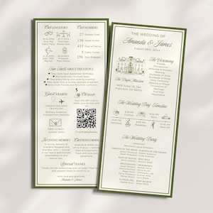 May include: Two wedding programs with a green border and text. The left program includes details about the couple's love story and fun facts. The right program lists the wedding details, including the date, venue, and timeline.