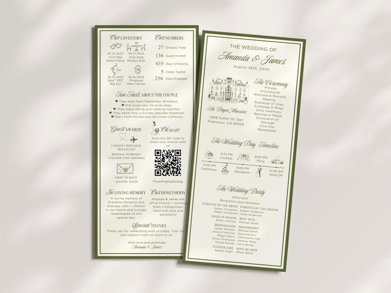 May include: Two wedding programs with a green border and text. The left program includes details about the couple's love story and fun facts. The right program lists the wedding details, including the date, venue, and timeline.