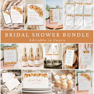 Fall in Love Bridal Shower Bundle, Fall Floral Bridal Shower Invitation Game Bundle, Fall Bridal Shower, Bridal Shower Sign and Games, Canva