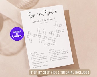 Custom Wedding Crossword Puzzle, Sip & Solve, Personalized Sip and Solve Crossword Wedding Puzzle, Small Crossword Wedding, Wedding Games