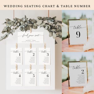 May include: A wedding seating chart and table number display. The display includes a white board with table numbers 1-6, and a sign that says "find your seat". Table numbers 2 and 9 are displayed in gold frames.