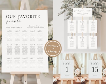 May include: A printable wedding seating chart template with the text "Our Favorite People" and a list of tables and names. The template is editable in Canva. There are also individual table number cards with the text "Table 1" and "Table 15".