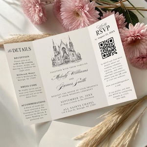 Puede incluir: Invitación de boda color crema, plegada en tres partes, con una ilustración detallada de una iglesia. La invitación incluye los nombres Melody Williams y James Smith, detalles de RSVP y un código QR. Flores rosas y hierba seca adornan la invitación.