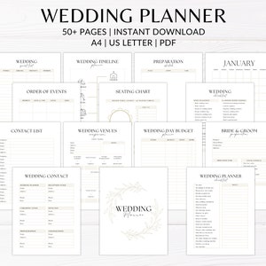 Peut inclure: Un planificateur de mariage imprimable avec plus de 50 pages, comprenant des sections pour un calendrier de mariage, un plan de table, une liste de contacts, des lieux de mariage, un budget et plus encore. Le planificateur est disponible en format A4 et US Letter.