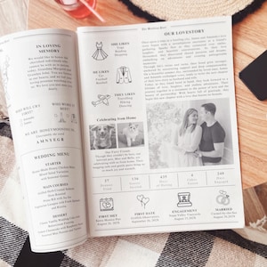 Puede incluir: Un men&uacute; de boda y una historia de amor para una pareja. El men&uacute; incluye un entrante, platos principales y postre. La historia de amor incluye una l&iacute;nea de tiempo de su relaci&oacute;n, incluyendo cu&aacute;ndo se conocieron, su primera cita, compromiso y boda. La pareja aparece en una foto en blanco y negro.