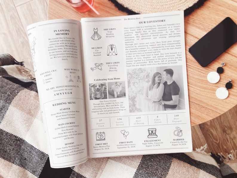 Puede incluir: Un men&uacute; de boda y una historia de amor para una pareja. El men&uacute; incluye un entrante, platos principales y postre. La historia de amor incluye una l&iacute;nea de tiempo de su relaci&oacute;n, incluyendo cu&aacute;ndo se conocieron, su primera cita, compromiso y boda. La pareja aparece en una foto en blanco y negro.