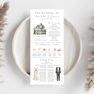 Może przedstawiać: Program ślubu z tekstem "The Wedding of Amanda & James" i akwarelową ilustracją rezydencji. Program zawiera szczeg&oacute;ły ceremonii, harmonogram dnia ślubu i informacje o orszaku weselnym. Białe tło.