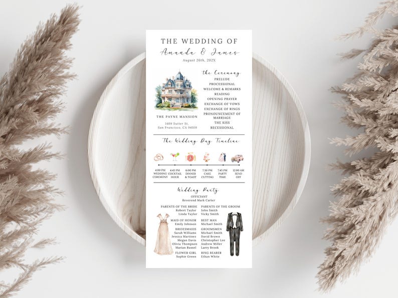 Może przedstawiać: Program ślubu z tekstem "The Wedding of Amanda & James" i akwarelową ilustracją rezydencji. Program zawiera szczeg&oacute;ły ceremonii, harmonogram dnia ślubu i informacje o orszaku weselnym. Białe tło.