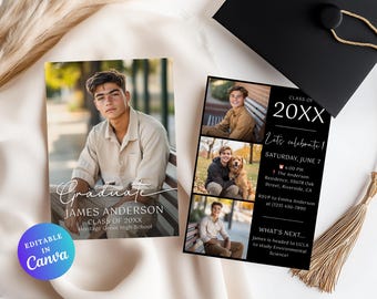 Graduation Invitation Template, Printable Graduation Party Invite, Senior Graduate Announcement, Modern Black Graduation Party Invite, Canva