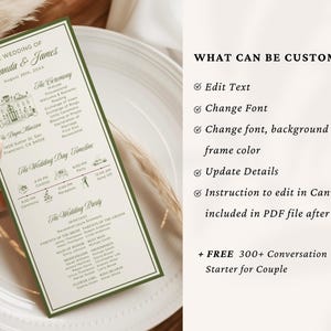 May include: A wedding program with a green border and text. The program includes the names "Amanda & James", the date, and a timeline of events. The program also lists the wedding party and ceremony details.