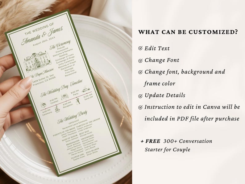 May include: A wedding program with a green border and text. The program includes the names "Amanda & James", the date, and a timeline of events. The program also lists the wedding party and ceremony details.