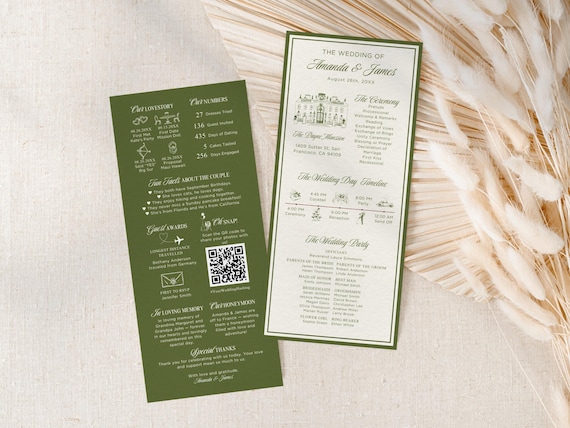Old Money Olive Green Wedding Program Template, Infographic Wedding Timeline, Editable Canva Wedding Program, 4x9 Printable Ceremony Program