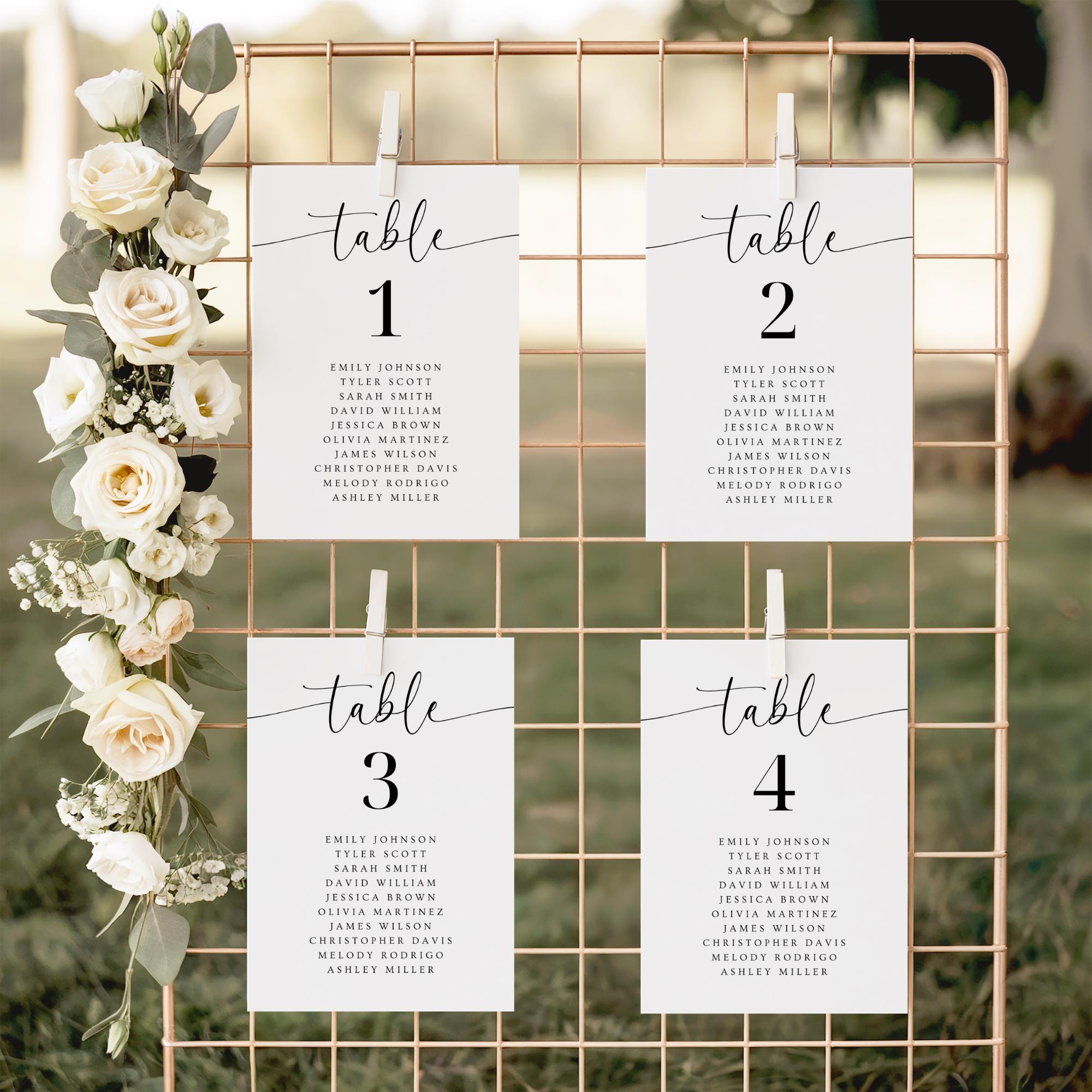 Tables de table pour mariage, Tables de table pour mariage minimaliste, Tables de numéros de table de mariage, Cartes de table avec script, Panneaux n