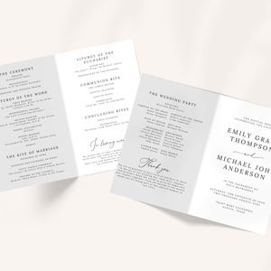 Catholic Wedding Program Template – A beautifully designed folded program for your Catholic Mass ceremony. Includes sections for the Order of the Mass, readings, bridal party, and thank you message. Fully editable in Canva. Sizes included: US Letter (11x8.5”), A4 (11.69x8.26”), and 5x7”. Instant download, easy to customize and print. Perfect for traditional or modern Catholic weddings.