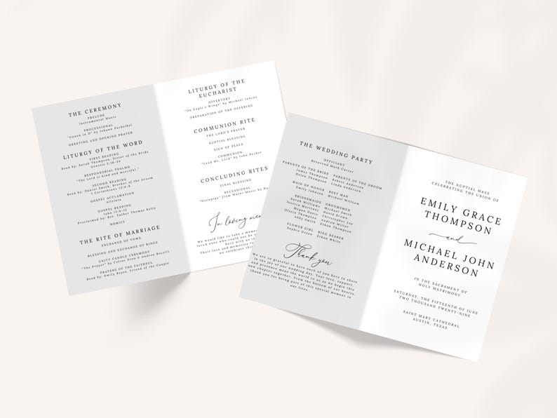 Catholic Wedding Program Template – A beautifully designed folded program for your Catholic Mass ceremony. Includes sections for the Order of the Mass, readings, bridal party, and thank you message. Fully editable in Canva. Sizes included: US Letter (11x8.5”), A4 (11.69x8.26”), and 5x7”. Instant download, easy to customize and print. Perfect for traditional or modern Catholic weddings.