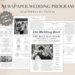 Può includere: Modello di programma di nozze in bianco e nero in stile giornale con un labirinto a forma di cuore, una mappa degli Stati Uniti e un menu di nozze. Il testo recita "The Wedding Post" e "Amanda & James si sposano!"