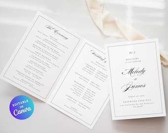 Moderne minimalistische Hochzeitsprogramm-Vorlage faltbare Zeremonie-Booklet-Order des Service bearbeitbar in Canva elegantem druckbarem Design