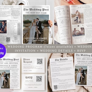 Puede incluir: Un conjunto de papelería de boda imprimible en un diseño de estilo periódico. El conjunto incluye un programa de boda, una invitación, detalles de la boda y una tarjeta RSVP. El diseño presenta un esquema de color blanco y negro con una fuente vintage. El texto en las tarjetas incluye "The Wedding Post", "Amanda & James" y "Join us for the celebration of love".