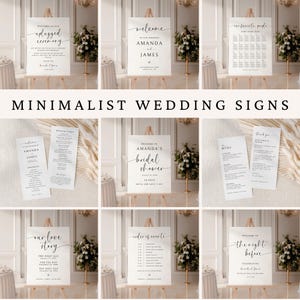 Op de afbeelding: Een verzameling minimalistische trouwtekens met elegante kalligrafie. De borden bevatten zinnen als "Welkom", "Ons liefdesverhaal" en "Bridal Shower". Elk bord wordt gepresenteerd op een houten ezel, met bloemstukken op de achtergrond.