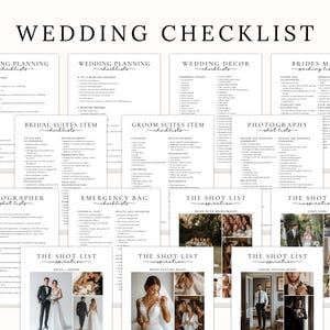 A wedding day binder with a checklist of items to plan for a wedding. The checklist includes items such as wedding mood board, wedding weekend, events overview, who to call, vendor contact, accommodations, wedding party, task list, ceremony venue, reception venue, ceremony entrance, recessional, wedding music, order of speeches, emergency planner, social media planner, rehearsal menu, reception menu, and destination map. The binder also includes images of the wedding venue, the wedding couple.