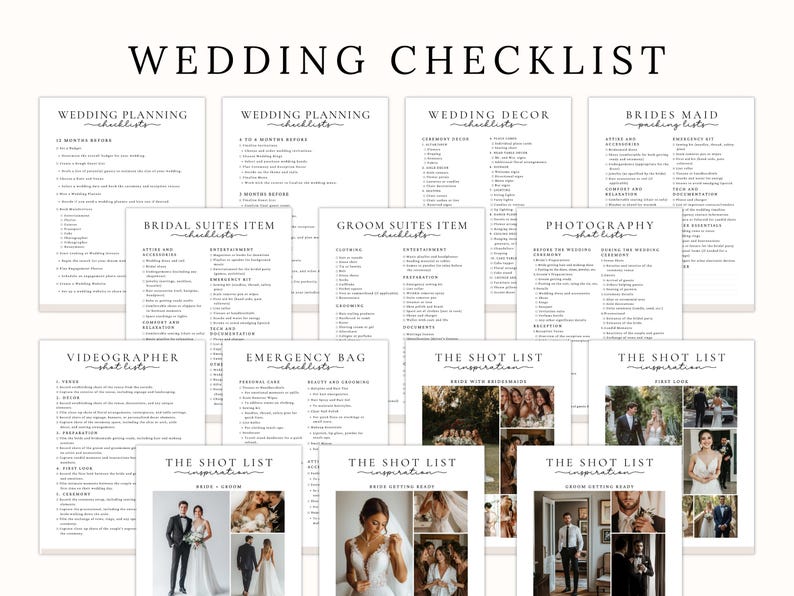 A wedding day binder with a checklist of items to plan for a wedding. The checklist includes items such as wedding mood board, wedding weekend, events overview, who to call, vendor contact, accommodations, wedding party, task list, ceremony venue, reception venue, ceremony entrance, recessional, wedding music, order of speeches, emergency planner, social media planner, rehearsal menu, reception menu, and destination map. The binder also includes images of the wedding venue, the wedding couple.