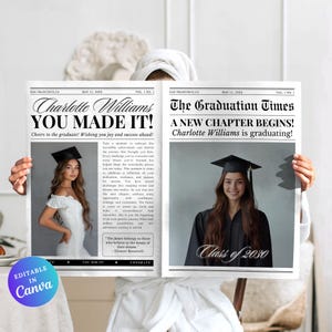 卒業新聞テンプレート、編集可能な新聞卒業、卒業パーティー招待状、シニア卒業発表、大学ニュースタブロイド