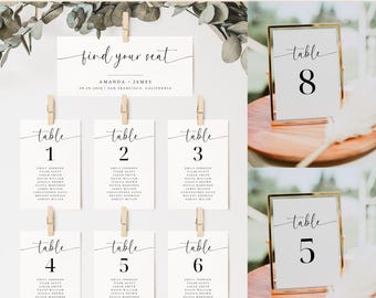 Moderne bruiloft stoelenkaartkaarten, minimalistische bruiloft stoelenkaartkaarten, bruiloft tafelnummer, script stoelenkaarten, bruiloft stoelenplan