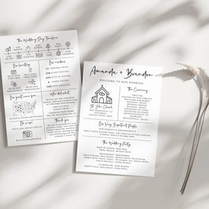 Puede incluir: Un programa de boda con texto negro sobre papel blanco. El programa incluye los detalles de la ceremonia de boda, los nombres de la comitiva nupcial y una l&iacute;nea de tiempo del d&iacute;a de la boda. El programa est&aacute; decorado con simples dibujos de l&iacute;nea de una iglesia y un anillo de boda.