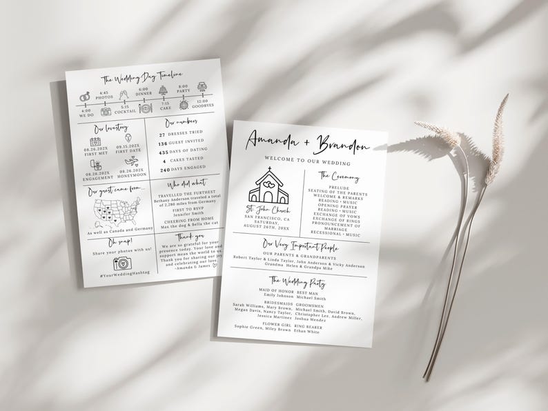 Puede incluir: Un programa de boda con texto negro sobre papel blanco. El programa incluye los detalles de la ceremonia de boda, los nombres de la comitiva nupcial y una l&iacute;nea de tiempo del d&iacute;a de la boda. El programa est&aacute; decorado con simples dibujos de l&iacute;nea de una iglesia y un anillo de boda.