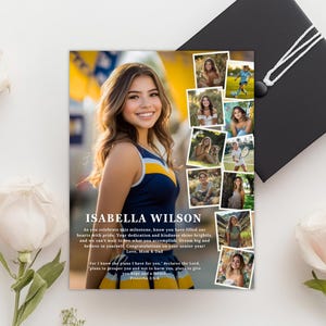 K&ouml;nnte beinhalten: Eine Graduation-Ank&uuml;ndigungskarte mit einer Collage von Fotos einer jungen Frau in einem blau-gelben Cheerleader-Outfit. Die Karte enth&auml;lt den Text "Isabella Wilson" und eine Botschaft, die ihre Leistungen feiert.