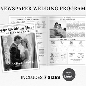 Plantilla de programa de boda en periódico / Programa de boda en periódico editable / Programa de boda plegado / Infografía de boda / Crucigrama