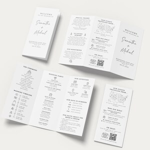 Minimalist Trifold Wedding Program – Elegant & Modern Design

A beautifully designed trifold wedding program featuring a clean, minimalist layout with elegant script and serif fonts. Includes ceremony details, wedding party, timeline, love story, special thanks, honeymoon info, guest travel map, and fun facts. Features icons, a QR code for sharing photos, and a stylish black-and-white theme. Perfect for couples seeking a sophisticated and organized wedding program.
