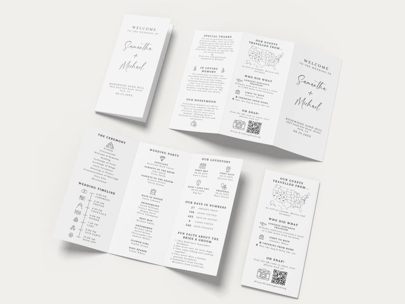 Minimalist Trifold Wedding Program – Elegant & Modern Design

A beautifully designed trifold wedding program featuring a clean, minimalist layout with elegant script and serif fonts. Includes ceremony details, wedding party, timeline, love story, special thanks, honeymoon info, guest travel map, and fun facts. Features icons, a QR code for sharing photos, and a stylish black-and-white theme. Perfect for couples seeking a sophisticated and organized wedding program.