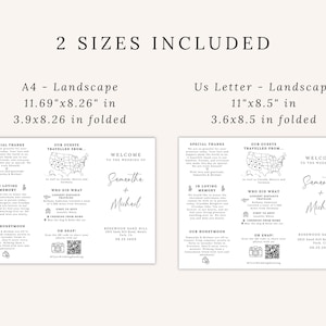 Minimalist Trifold Wedding Program – Elegant & Modern Design

A beautifully designed trifold wedding program featuring a clean, minimalist layout with elegant script and serif fonts. Includes ceremony details, wedding party, timeline, love story, special thanks, honeymoon info, guest travel map, and fun facts. Features icons, a QR code for sharing photos, and a stylish black-and-white theme. Perfect for couples seeking a sophisticated and organized wedding program.