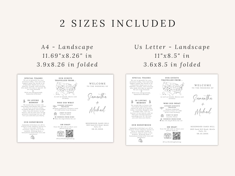 Minimalist Trifold Wedding Program – Elegant & Modern Design

A beautifully designed trifold wedding program featuring a clean, minimalist layout with elegant script and serif fonts. Includes ceremony details, wedding party, timeline, love story, special thanks, honeymoon info, guest travel map, and fun facts. Features icons, a QR code for sharing photos, and a stylish black-and-white theme. Perfect for couples seeking a sophisticated and organized wedding program.