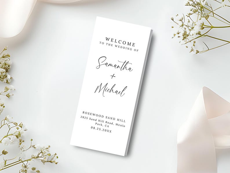 Minimalist Trifold Wedding Program – Elegant & Modern Design

A beautifully designed trifold wedding program featuring a clean, minimalist layout with elegant script and serif fonts. Includes ceremony details, wedding party, timeline, love story, special thanks, honeymoon info, guest travel map, and fun facts. Features icons, a QR code for sharing photos, and a stylish black-and-white theme. Perfect for couples seeking a sophisticated and organized wedding program.