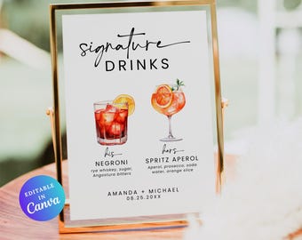 Signature Drink Sign Template, Signature Cocktail Sign, Wedding Drink Sign, Bar Menu, Editable His and Her Drinks, Bride and Groom Drink