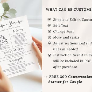 Puede incluir: Un programa de ceremonia de boda blanco con texto negro. El programa incluye el orden de los eventos, una lista de personas importantes y la fiesta de bodas. El texto incluye los nombres Amanda y Branden. El programa tambi&eacute;n incluye una lista de verificaci&oacute;n de lo que se puede personalizar en Canva.