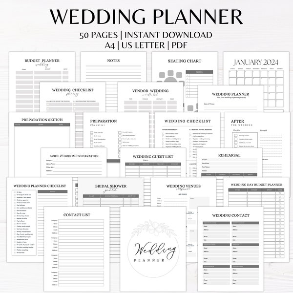 Druckbarer Hochzeitsplaner | Hochzeitsplaner | Hochzeitsplan-Paket | Checkliste für die Hochzeitsplanung | Hochzeitsplanungsbuch | Hochzeits-Tracker