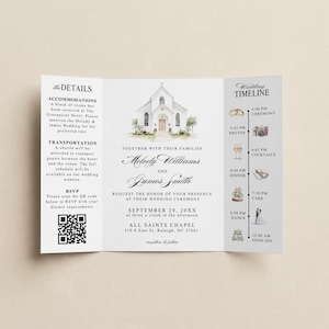 Può includere: Un invito di nozze a tre ante con un'illustrazione ad acquerello di una chiesa. Include dettagli, un programma del matrimonio e informazioni RSVP. I nomi Melody Williams e James Smith sono presenti.