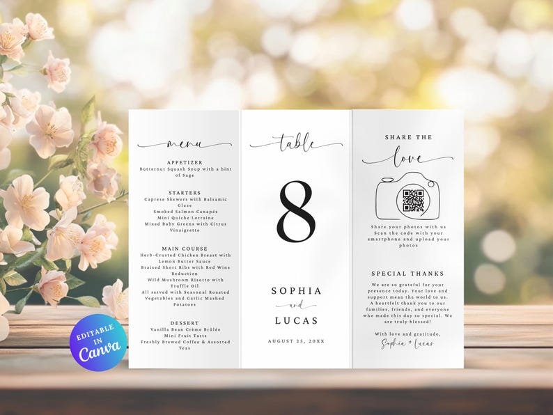 Wedding Trifold Table Number, Minimalist Wedding Trifold Menu, Wedding ...