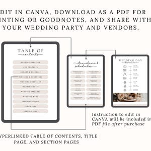 A wedding day binder with a checklist of items to plan for a wedding. The checklist includes items such as wedding mood board, wedding weekend, events overview, who to call, vendor contact, accommodations, wedding party, task list, ceremony venue, reception venue, ceremony entrance, recessional, wedding music, order of speeches, emergency planner, social media planner, rehearsal menu, reception menu, and destination map. The binder also includes images of the wedding venue, the wedding couple.