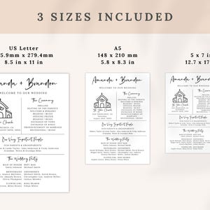 Puede incluir: Una plantilla de programa de ceremonia de boda imprimible en tres tama&ntilde;os: US Letter (8,5 x 11 pulgadas), A5 (5,8 x 8,3 pulgadas) y 5 x 7 pulgadas. El programa presenta una ilustraci&oacute;n simple de una iglesia e incluye secciones para el orden de la ceremonia, las personas importantes y la fiesta de bodas.
